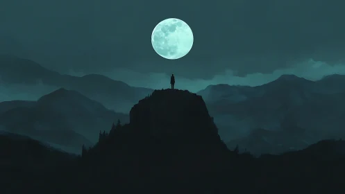 Lone dreamer on a moonlit mountain peak at quiet night.