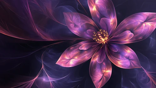Glowing purple fractal flower on dark abstract background.