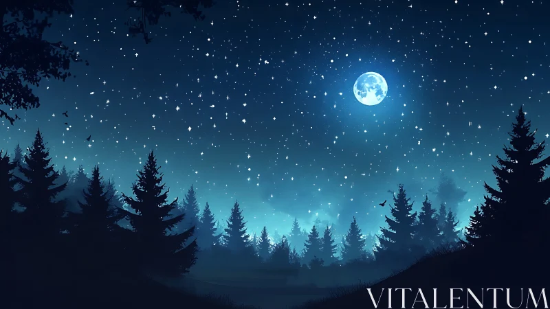 Moonlit Forest Night Under Starry Sky.