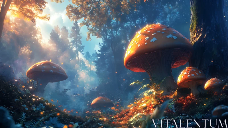 Giant glowing mushrooms transform a misty enchanted forest.