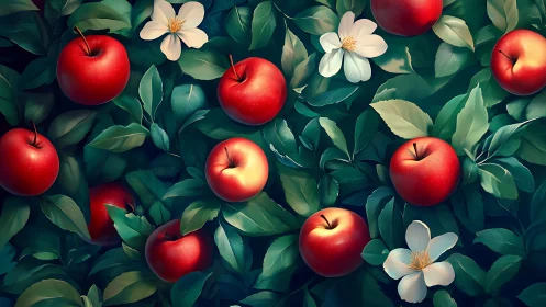Ripe red apples rest in lush green foliage and soft blossoms