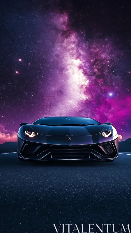 Supercar glides beneath luminous purple galactic sky.