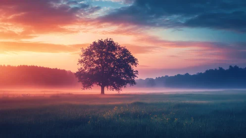 Solitary tree in misty field at vibrant sunrise.