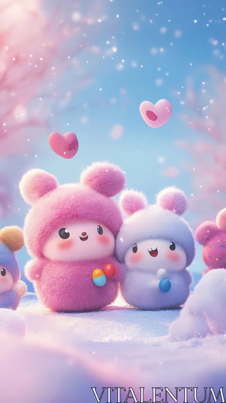 Fluffy Companions with Floating Hearts in Snowy Fantasy Landscape
