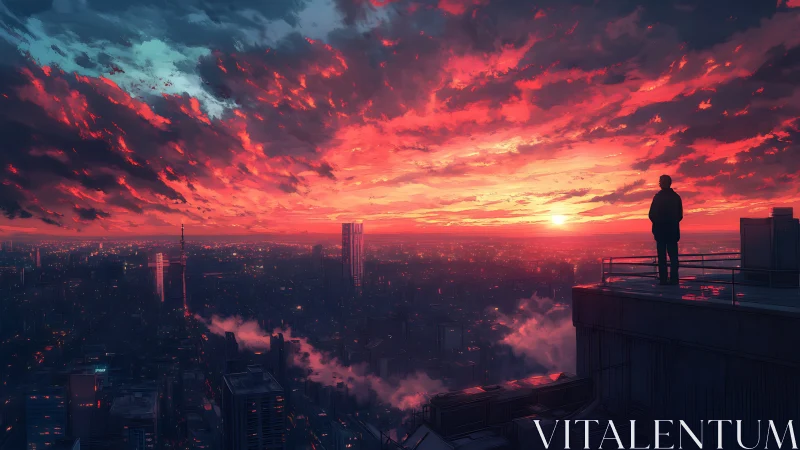 Sky-burned city waits while a lone rooftop watcher decides