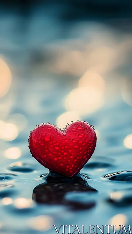 Red Heart Glistening with Water Droplets Against Blurred Background.