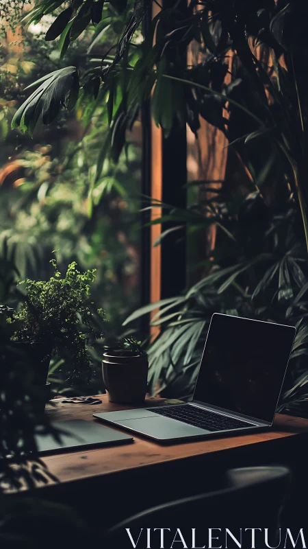 Laptop workstation stands by window among dense indoor plants