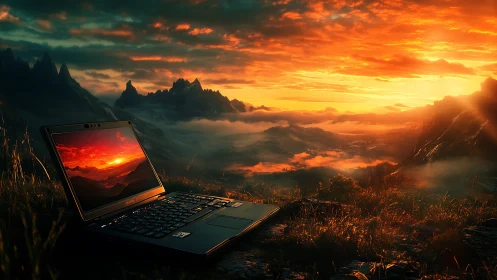 Glowing sunset landscape gently unfolds across laptop screen