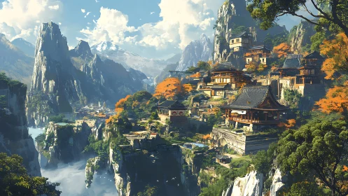 Temple terraces drift like autumn lanterns through the cliffs