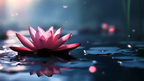 Pink lotus flower rests on dark reflective water at dusk