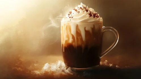Steaming iced mocha with whipped cream in glowing light.