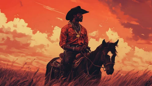 Stormlit cowboy rides ember skies on midnight horse.