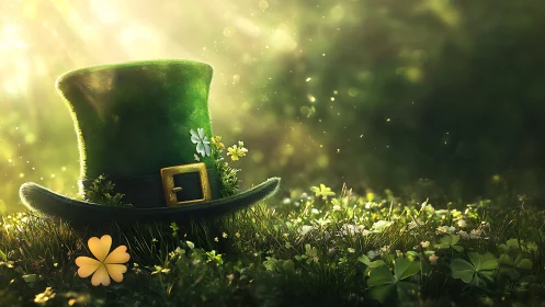Leprechaun hat glows in sunlit clover meadow scene.