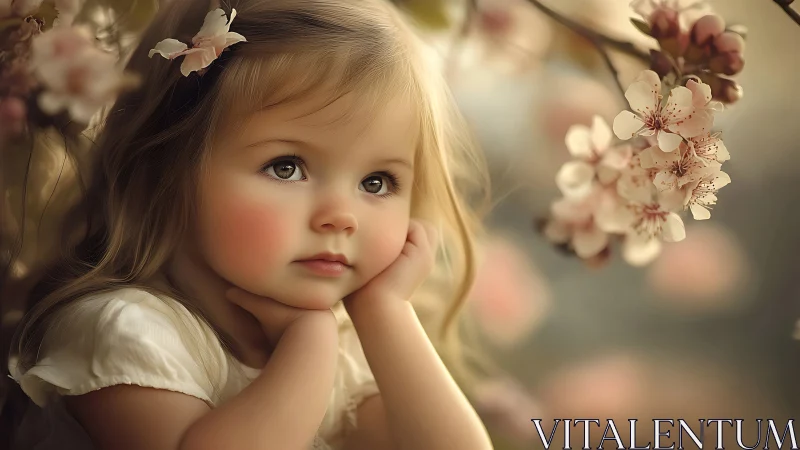 Young Girl with Blonde Hair Among Flowering Branches