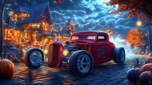 Hot rod magic under glowing Halloween village skies.