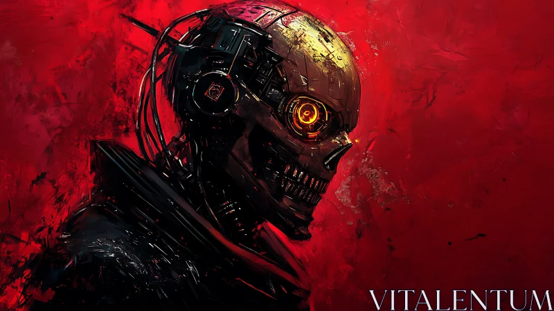 Cybernetic skull glows against chaotic crimson backdrop.