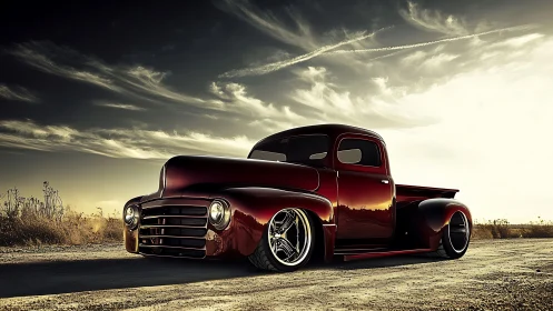 Custom gloss red vintage pickup dominates sunlit dirt road.