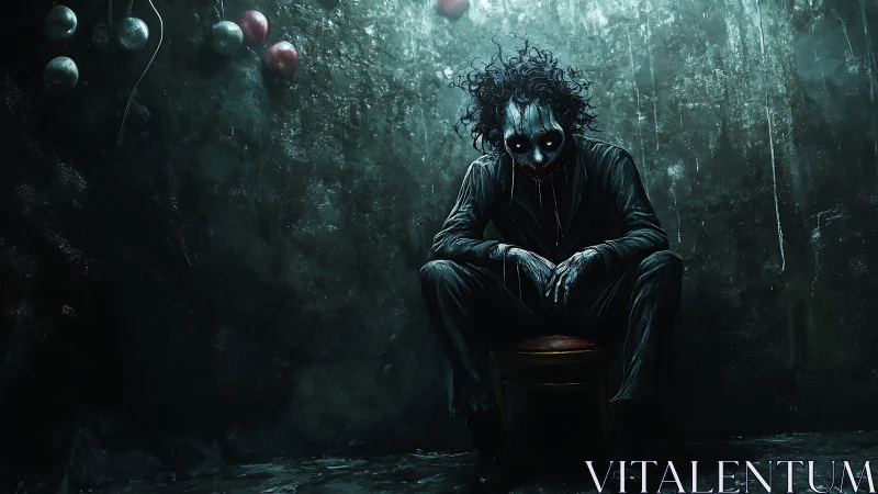 Grinning nightmare jester waits in a flooded concrete room.