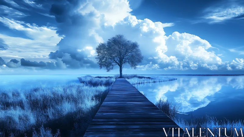 Dreamlit lakeside pier meets solitary tree in blue hush.