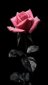 Pink Rose Blooms Against Dramatic Darkness and Dewdrops