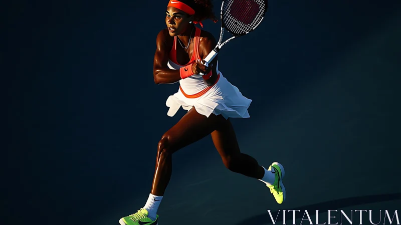 Female tennis player captured mid-forehand on dark court