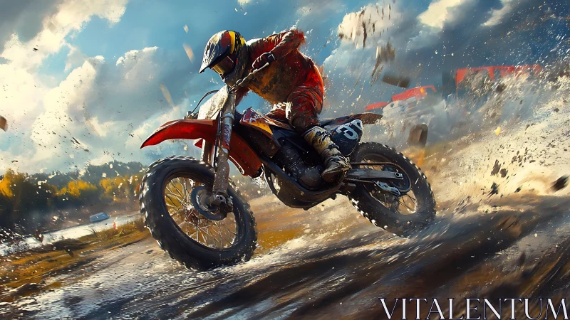 Mud-slinging motocross thunderstorm under a wild racing sky.