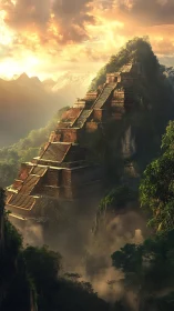 Stepped stone pyramid structure rises from dense forested canyon