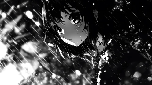Monochrome anime figure in heavy rain with light streaks.