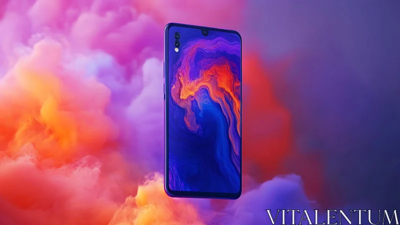 Smartphone with abstract screen over colorful vapor cloud.