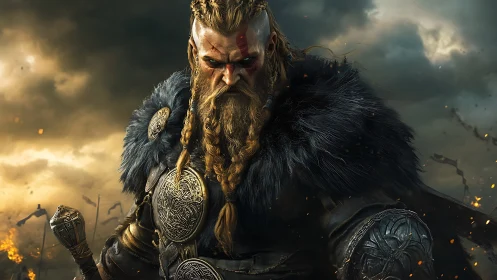 Battle-hardened Viking warrior in stormy battlefield scene.