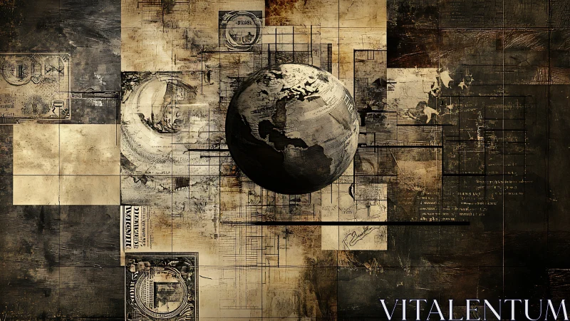 Layered sepia world sphere intersects fragmented cartographic grid