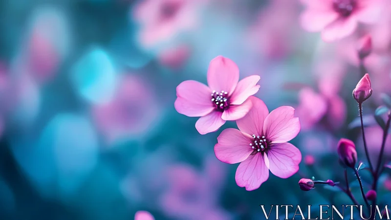 Pink cosmos flowers blooming against soft turquoise blur.