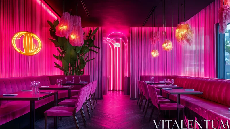 Neon-pink restaurant corridor hums like a glowing midnight runway