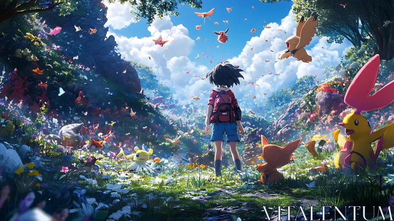 Child explorer observes luminous creature-filled anime valley