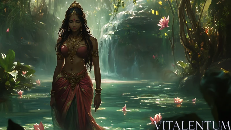 Forest goddess wades through a lotus-lit waterfall sanctuary.