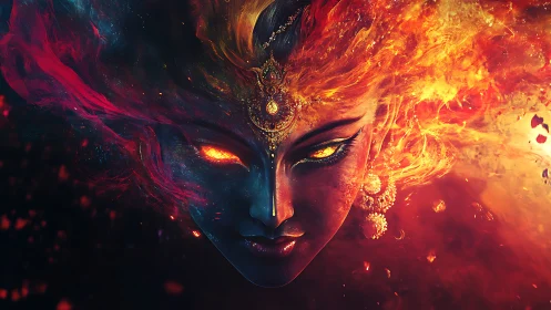 Fiery goddess portrait with molten eyes and jeweled crown.