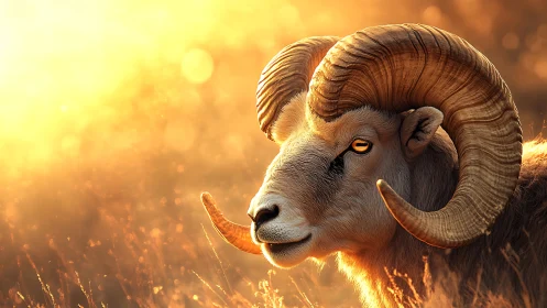 Golden-horned ram basking in a glowing sunset meadow.