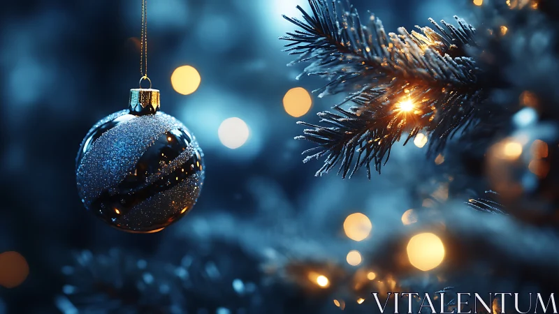 Silver Christmas bauble glows beside frosted fir lights.