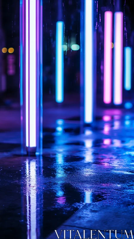 Vertical neon light pillars reflect across wet urban pavement