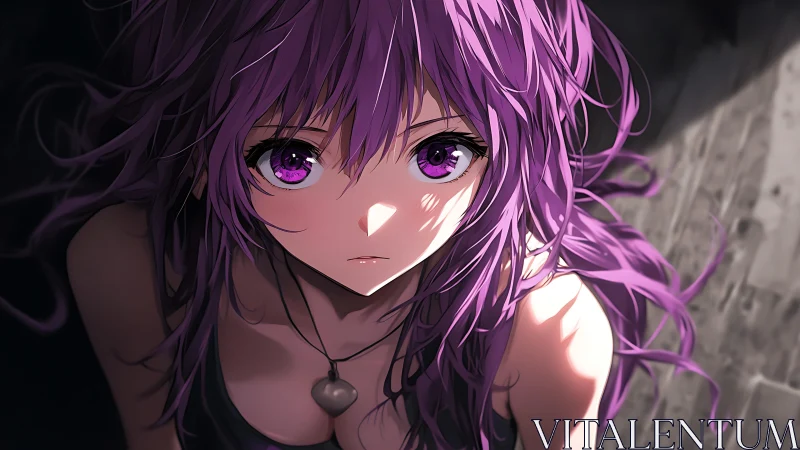 Violet-haired anime girl in high-contrast directional lighting.