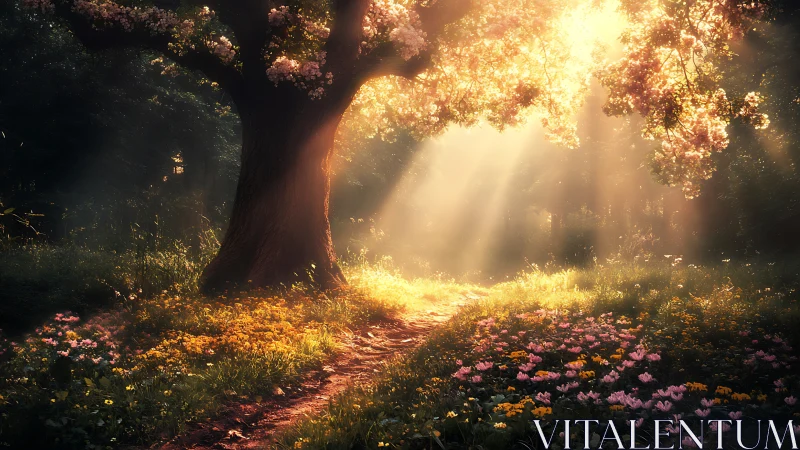 Enchanted Sunlit Tree in Bloom with Wildflowers, Dreamy Landscape.