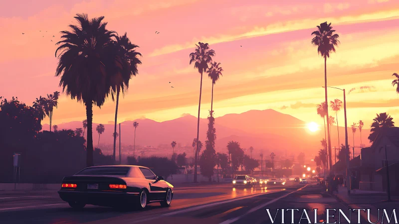 Low classic coupe cruises pastel palm-lined boulevard sunset