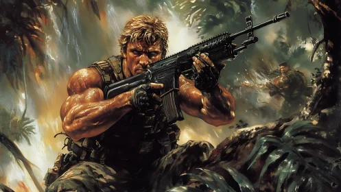 Battle-hardened commando advancing through stormy jungle.