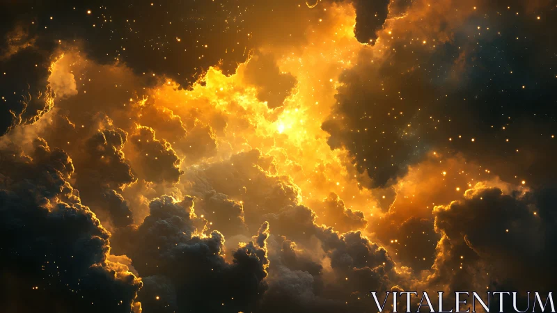 Fiery cosmic nebula cloudscape with glowing golden light.