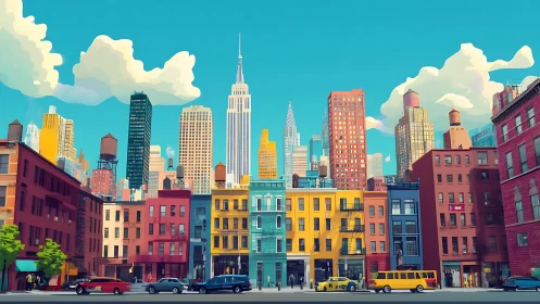 Sunlit city rowhouses glow beneath towering pastel skyline.