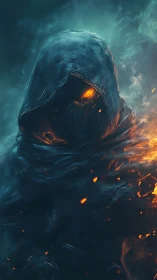Hooded ember warlock emerging from swirling stormfire.