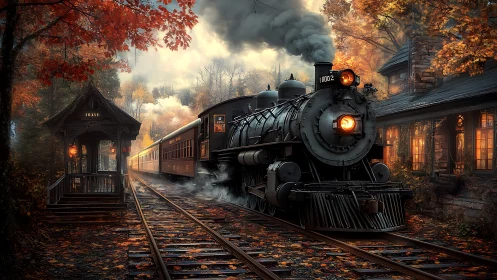 Cozy autumn steam train passing a lantern lit forest depot.