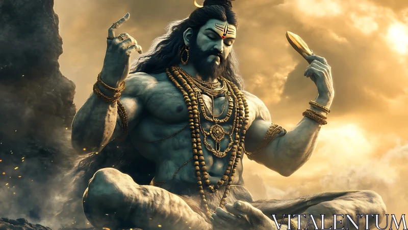 Serene mountain deity in golden light, lost in deep meditation.