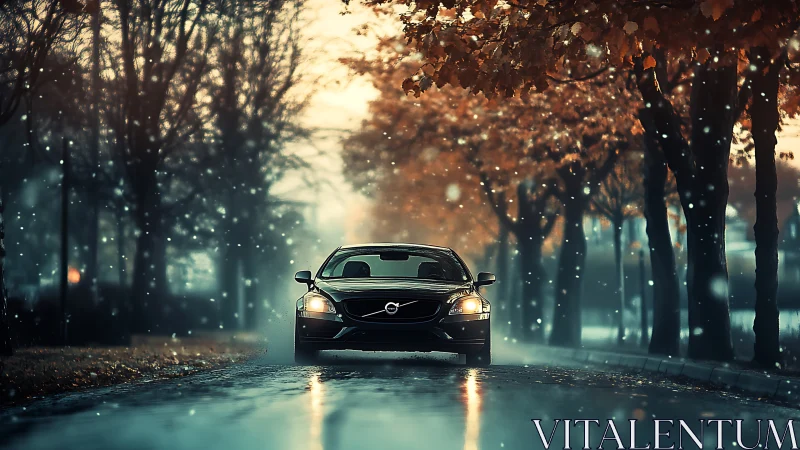 Crisp black car glides through a quiet, misty autumn snowfall