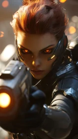 Cybernetic huntress aims weapon in high-intensity close-up